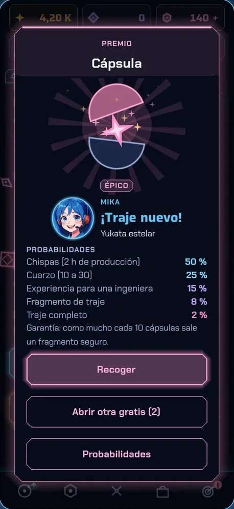 Pantalla de cápsula de Vértice abriendo un traje épico